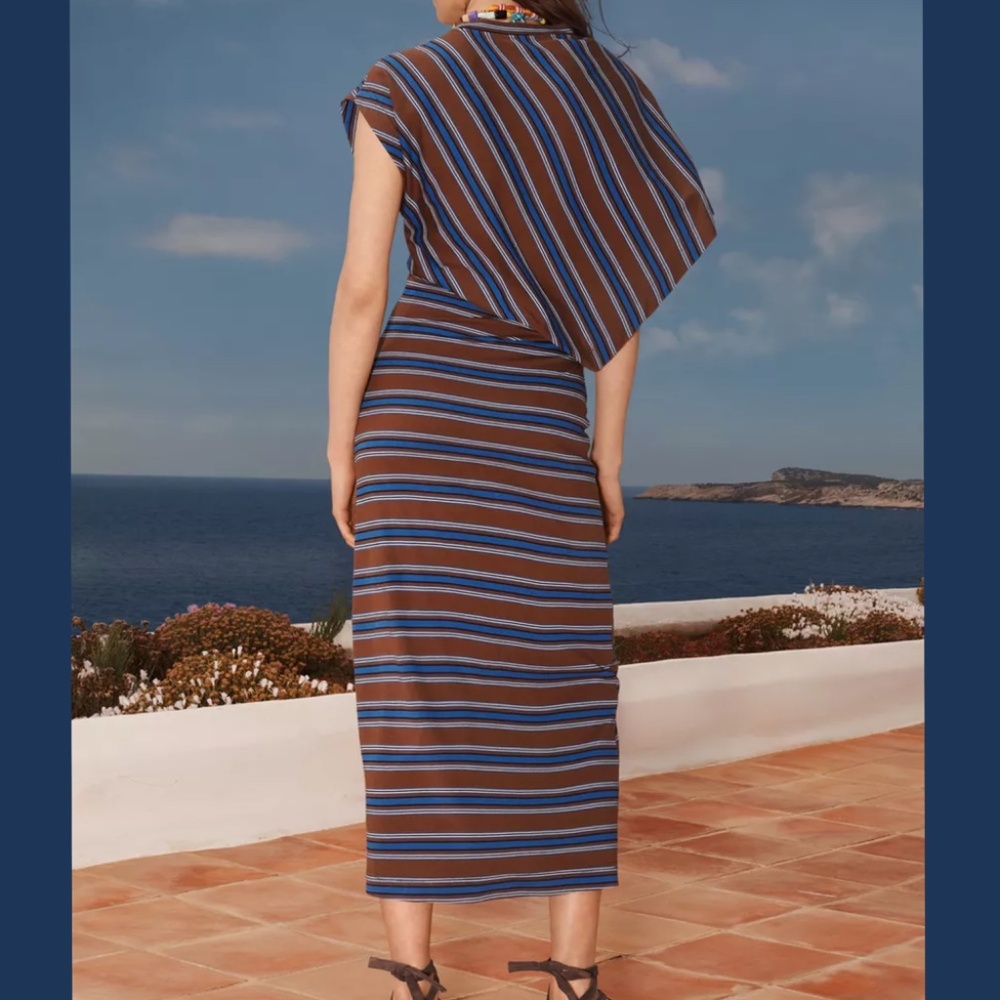 Zara Striped Dress Asymmetrical Limited Edition Brown Blue 100% Cotton Medium